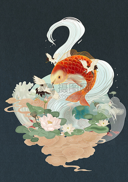 国潮中国风元素锦鲤仙鹤风景插画