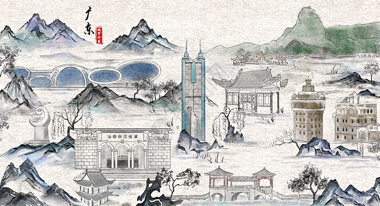 惠州大亚湾广东城市印象旅游水墨插画插画