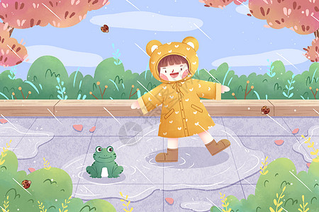 下雨天玩水的女孩插画图片