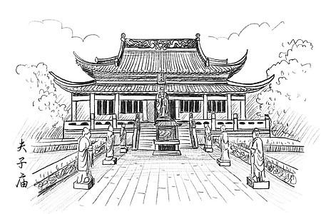 国内供应商国内旅游景点南京速写夫子庙插画