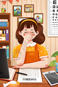 6月6日全国爱眼日做眼保健操女孩插画高清图片