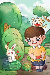 夏至节气小男孩和小动物们吃西瓜插画图片