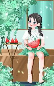 小暑坐在凳子上吃西瓜的女孩高清图片