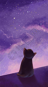 小暑手机夜空下的小黑猫插画