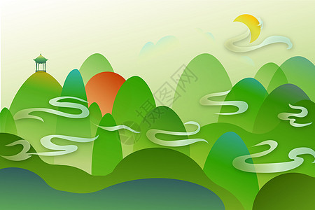 新中式绿色山水中国风矢量图片
