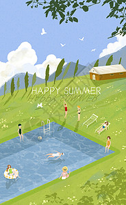 七月你好夏日游泳插画