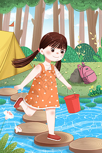 夏令营手机海报配图夏天河边的小女孩插画