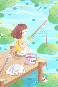 夏日女孩钓鱼插画图片
