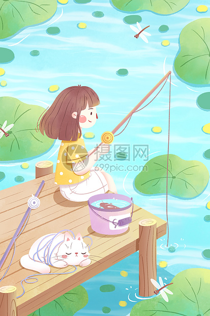 夏日女孩钓鱼插画图片