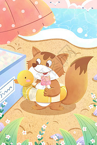 夏日海边狐狸吃冰棍插画图片