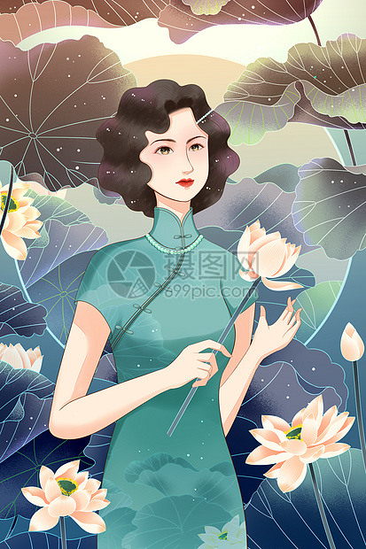 中国风荷塘旗袍美女插画图片