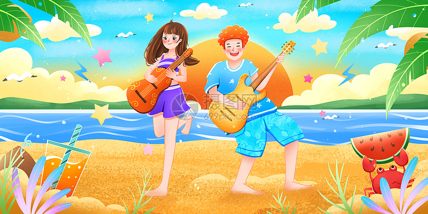 清新夏日沙滩音乐派对插画图片