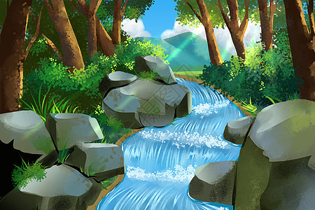 山间溪水树林场景插画背景素材图片