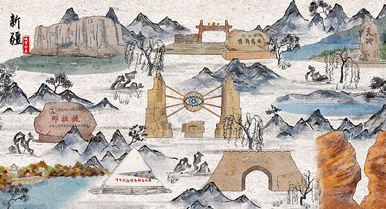 喀什老城新疆城市印象旅游水墨插画插画