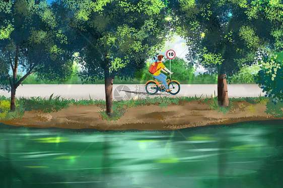 夏天骑着单车穿过绿色小道树荫的少年图片
