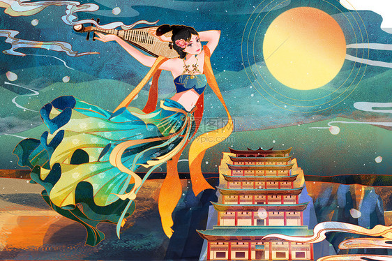 中国风国潮敦煌美女反弹琵琶飞天山水建筑插画图片