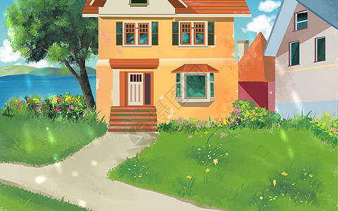 欧洲农村海边房子建筑场景插画插画