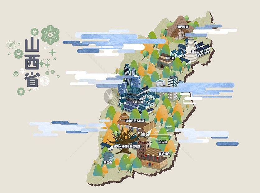 山西省旅游地图插画图片