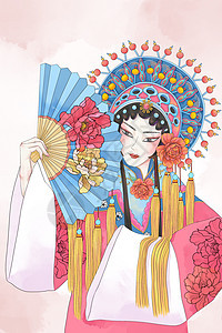 京剧国潮水彩粉插画图片