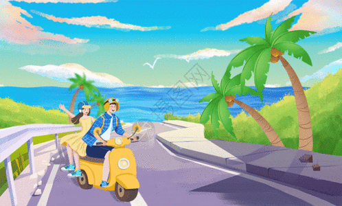 椰子树海边夏日情侣海边骑行GIF高清图片
