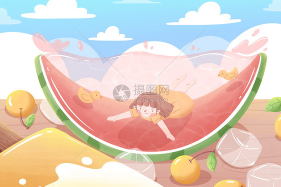 夏日女孩游泳卡通插画图片