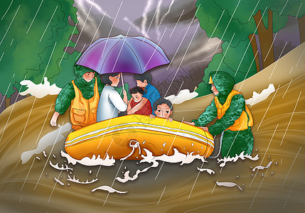 洪水 袭击洪水中消防员暴雨救人皮艇战士插画