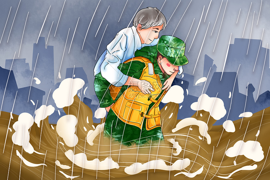 洪水中消防员暴雨救人战士