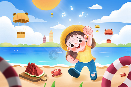 狂暑季夏季沙滩海边小女孩游玩插画插画