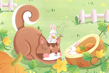 松鼠与兔子农场卡通插画图片
