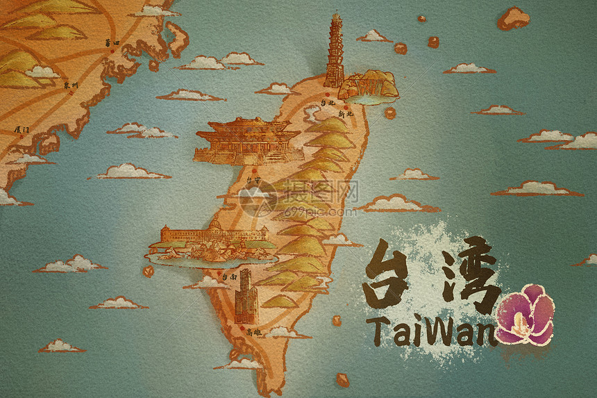 台湾省旅游插画地图图片
