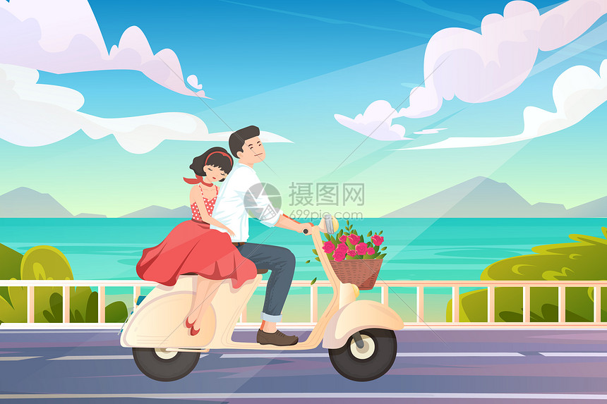 七夕情侣海边摩托骑行矢量插画