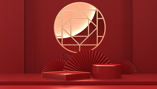 红色中秋背景中国风喜庆展台设计图片