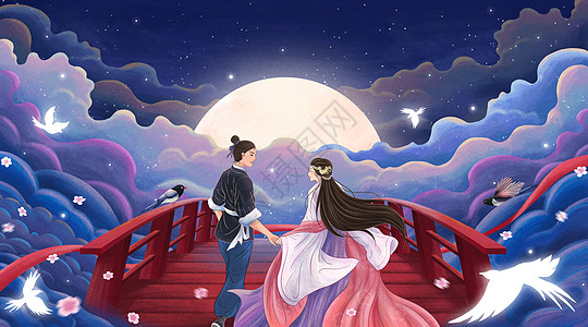 国风唯美七夕牛郎织女浪漫约会插画