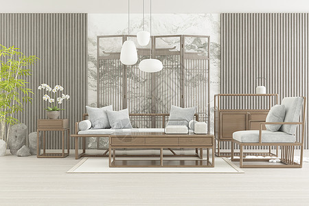 新中式设计客厅盆栽高清图片