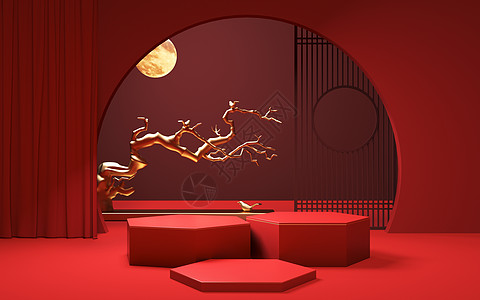 新年国潮喜庆红色中式展台设计图片