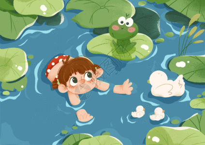 处暑夏季处暑节气池塘小女孩与青蛙GIF插画高清图片