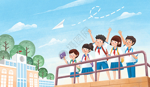 儿童T台高高兴兴去上学开学季插画