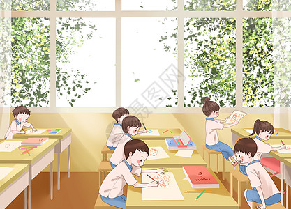 画画的学生开学季教室里的小学生插画