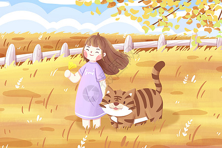 秋天女孩与老虎插画图片