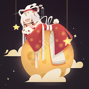 中秋节嫦娥抱着玉兔趴在月亮上背景图片