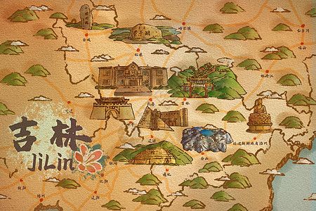 长白山镜泊湖吉林省旅游插画地图插画