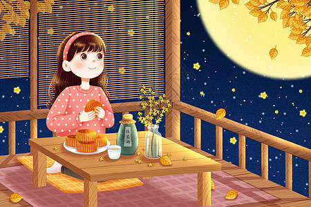 独自赏月吃月饼的女孩图片