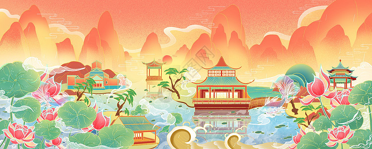 中国风国潮苏州城市园林插画图片