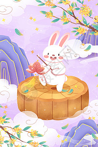 中秋节拿花灯的玉兔插画高清图片