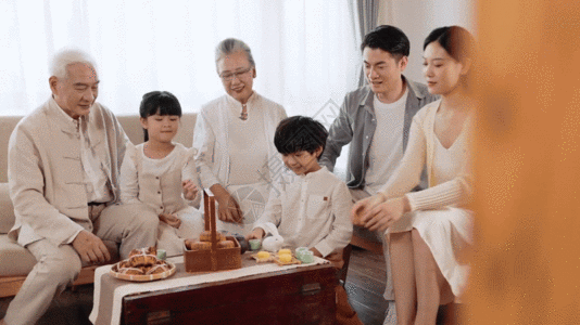 亚洲人笑容一家人举起茶杯干杯庆祝过节GIF高清图片