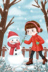 冬至节气冬天堆雪人的女孩插画