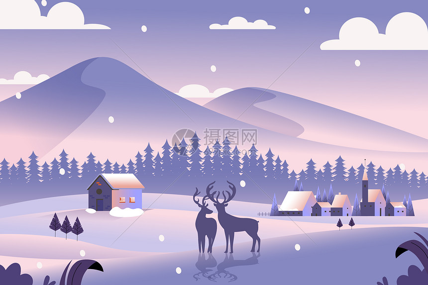 紫色冬季雪天风景和麋鹿矢量插画图片