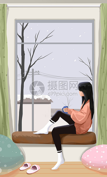 小清新冬季窗边的女孩插画图片