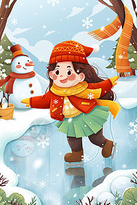 二十四节气小雪滑冰女孩与雪人冬季插画背景图片