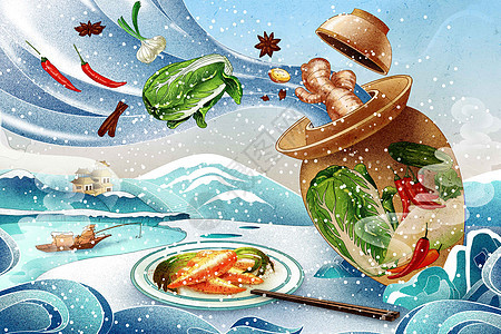 寒冬腊月美食年中国风插画背景图片